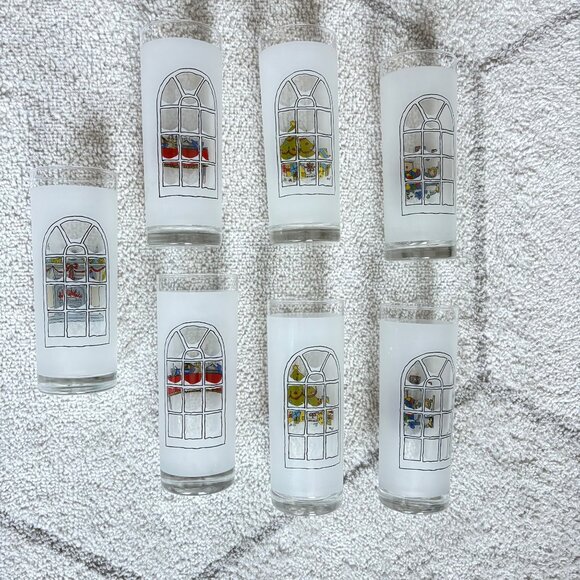 Vintage Frosted Highball Tumblers Festive Scenes Fireplace, Xmas Tree, Stockings - Picture 4 of 6